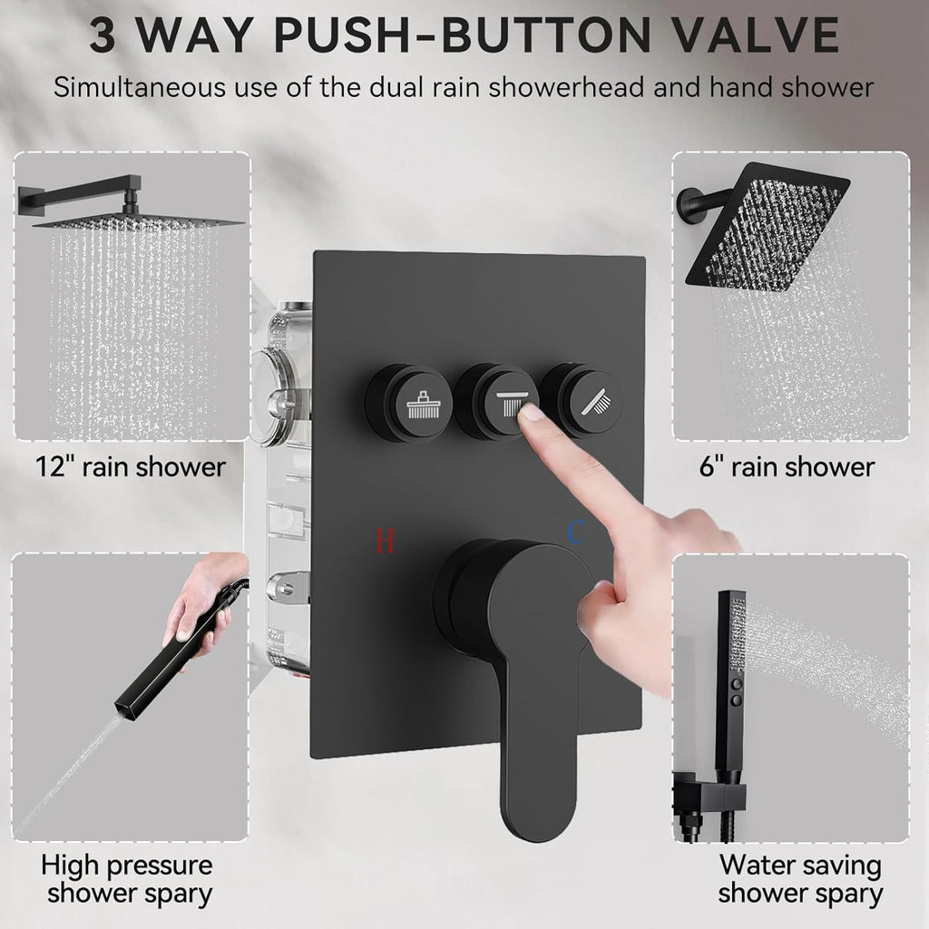 Shower Systems with Rain Shower and Handheld,STARBATH Dual Head 12+6" Rainfall Shower Can Run All Together, Wall Mount Shower Faucet Set with Pressure Balance Valve and Trim Kit, Matte Black