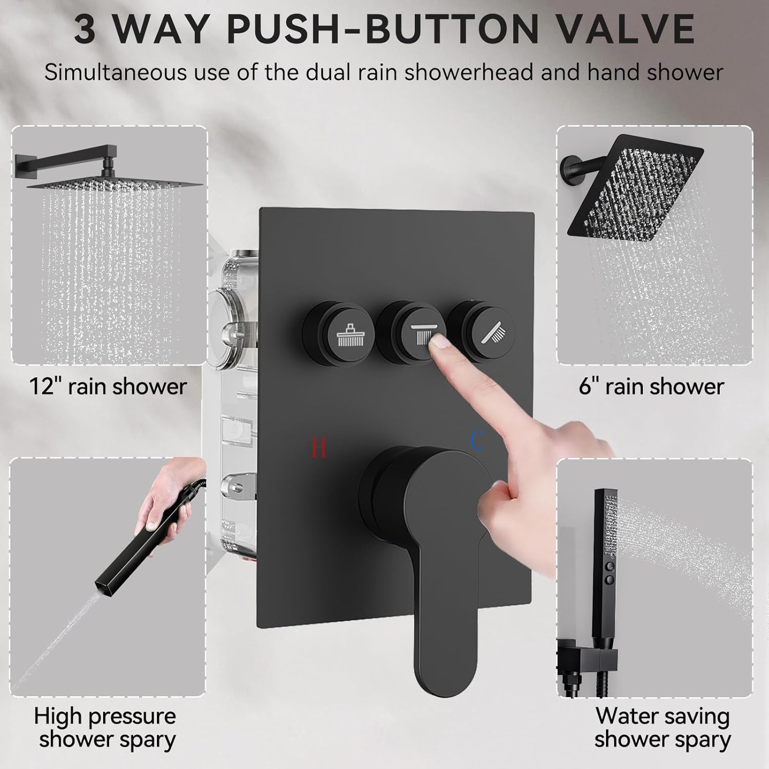 Shower Systems with Rain Shower and Handheld,STARBATH Dual Head 12+6" Rainfall Shower Can Run All Together, Wall Mount Shower Faucet Set with Pressure Balance Valve and Trim Kit, Matte Black