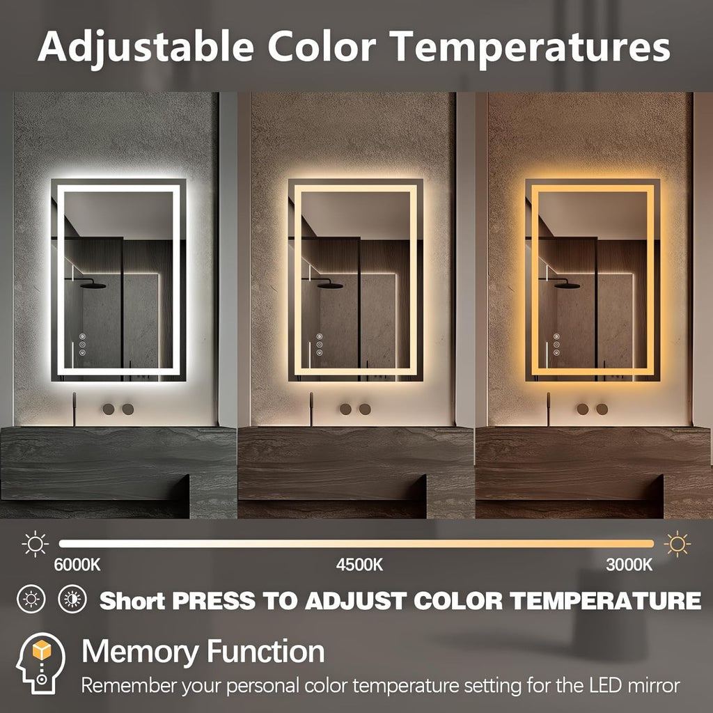 Niccy 36" x 24" LED Bathroom Mirror with Lights, Backlit and Front Lit, Lighted Vanity Mirror for Wall with 3 Colors, Anti-Fog, Shatter-Proof, Memory for Bedroom, Horizontal/Vertical