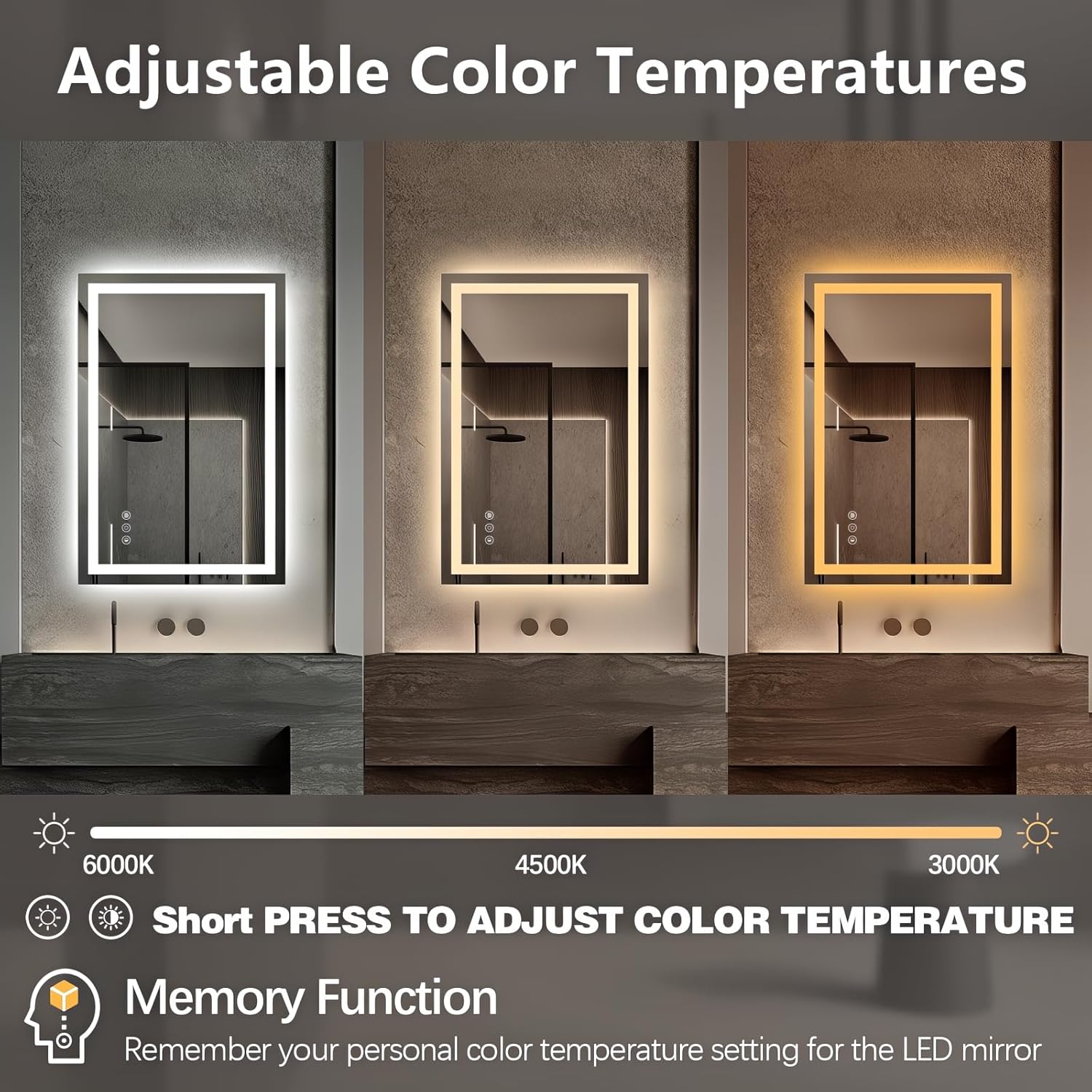 Niccy 36" x 24" LED Bathroom Mirror with Lights, Backlit and Front Lit, Lighted Vanity Mirror for Wall with 3 Colors, Anti-Fog, Shatter-Proof, Memory for Bedroom, Horizontal/Vertical