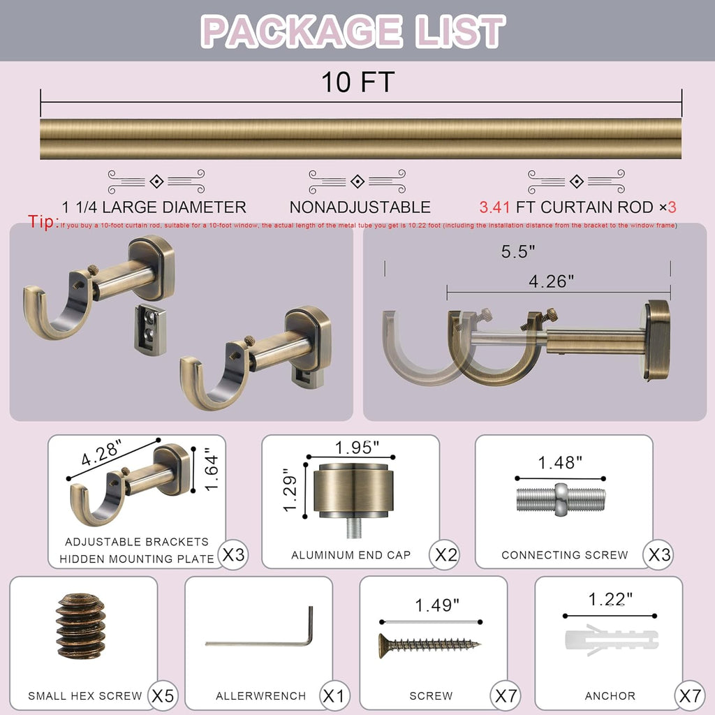 Heavy Duty Curtain Rods,1 1/4" Large Diameter Premium Nonadjustable Curtain Rod,120in/10ft Custom Window Treatment Rods with Durable Aluminum Brackets and End Caps,Dark Bronze Finish