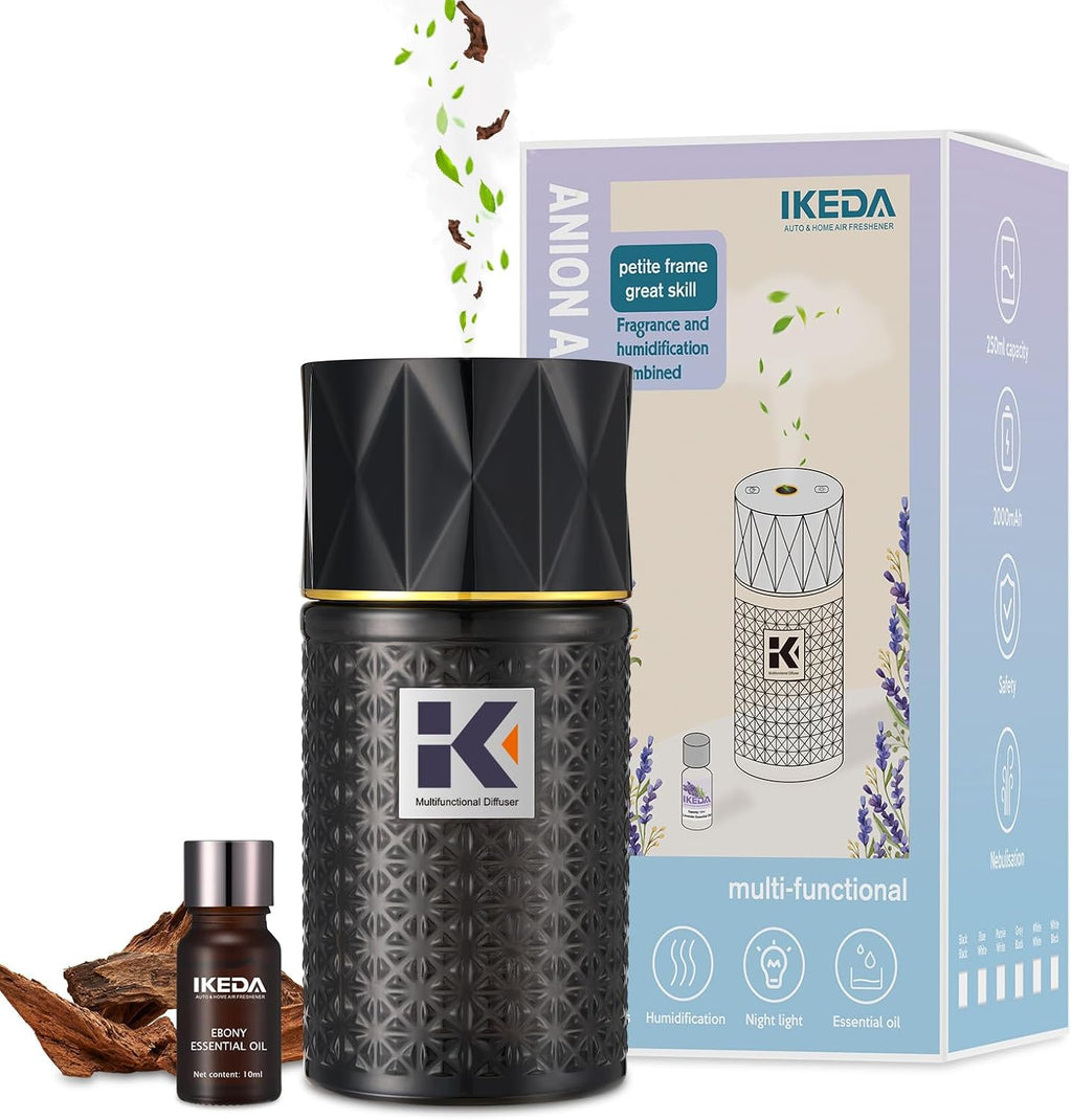 Ikeda Wireless Essential Oil Diffuser, Mini Negative Ion Mist Humidifier with Night Light & Auto Shut-Off, 250mL Ebony Scent for Room, Home, Car&Office