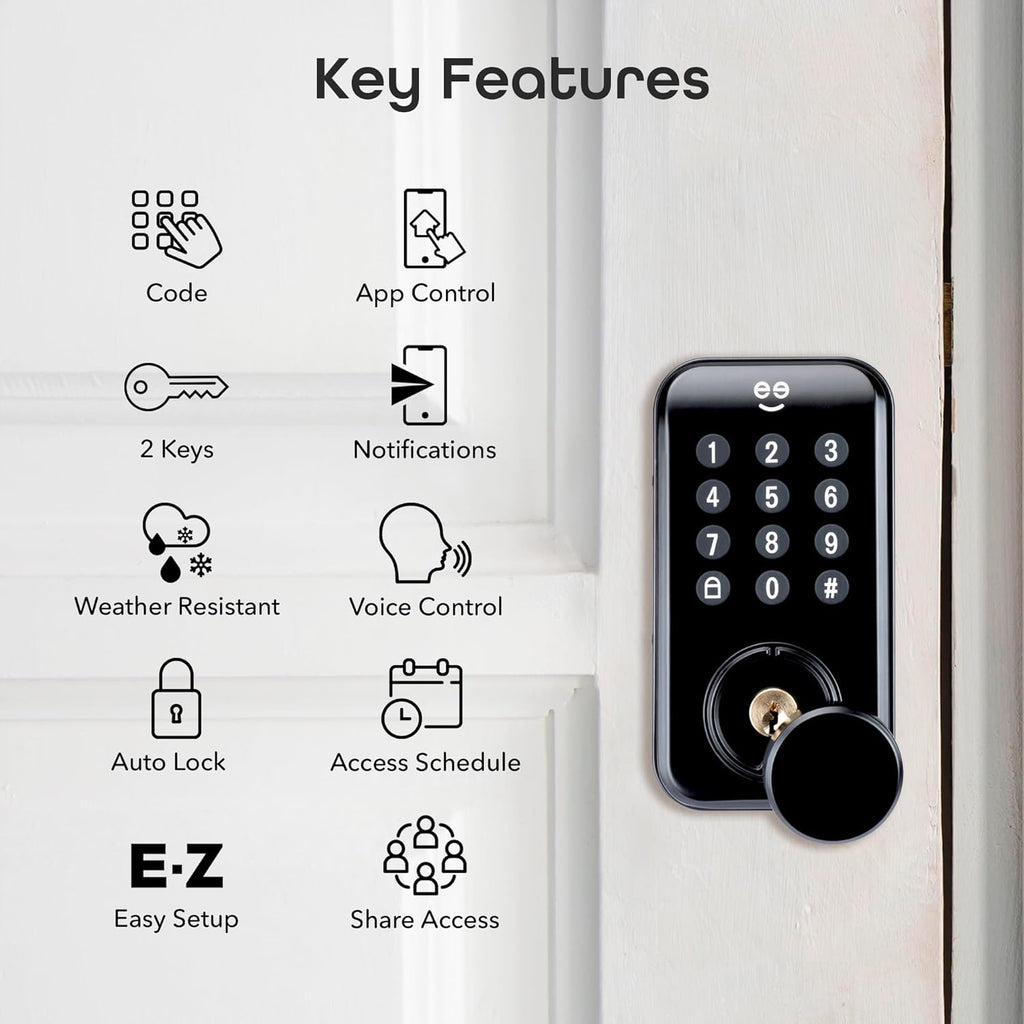 Geeni Keyless Entry Door Lock with Keypad, Smart Locks for Front Door, Electronic Keypad Smart Deadbolt Lock, Auto Lock, 2 Keys, Voice, and App Control - Battery Powered, Share Access, Alerts