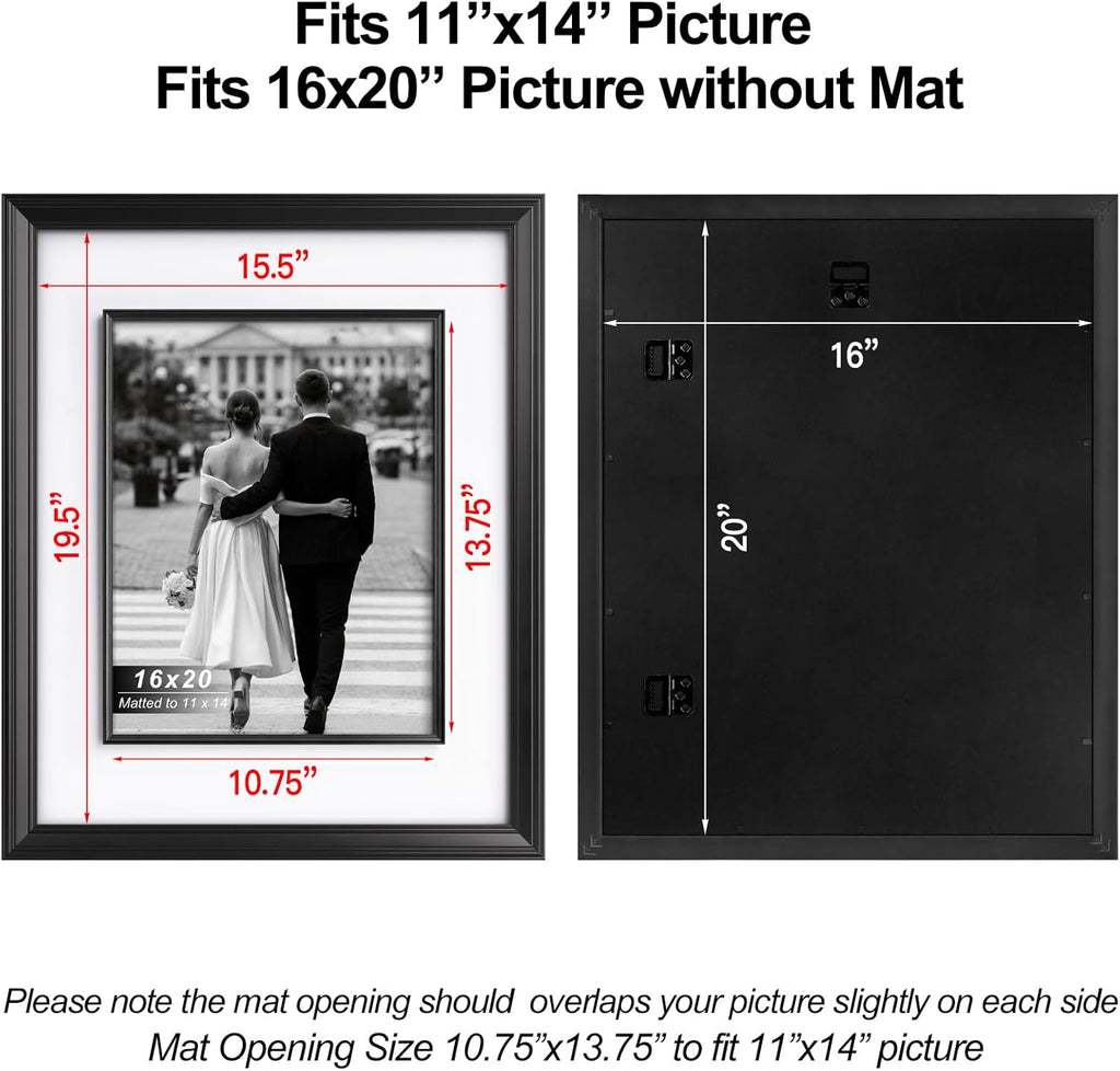 Yaetm 16x20 Black Picture Frame with Decorative Inner Frame & Tempered Glass, Display 11x14 Photos with Mat on Wall - Portrait or Landscape - Ideal for Office & Home Décor (Black, 2 Pack)