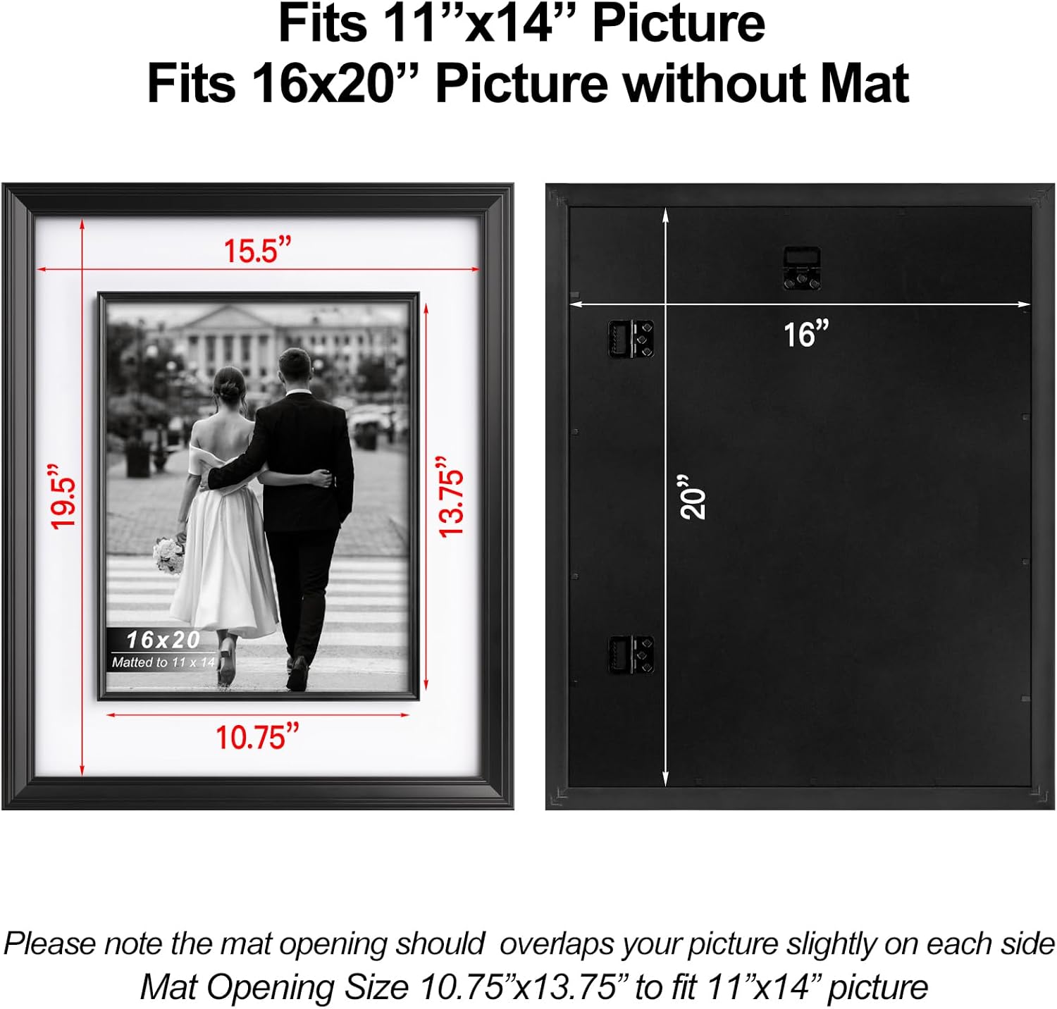 Yaetm 16x20 Black Picture Frame with Decorative Inner Frame & Tempered Glass, Display 11x14 Photos with Mat on Wall - Portrait or Landscape - Ideal for Office & Home Décor (Black, 2 Pack)