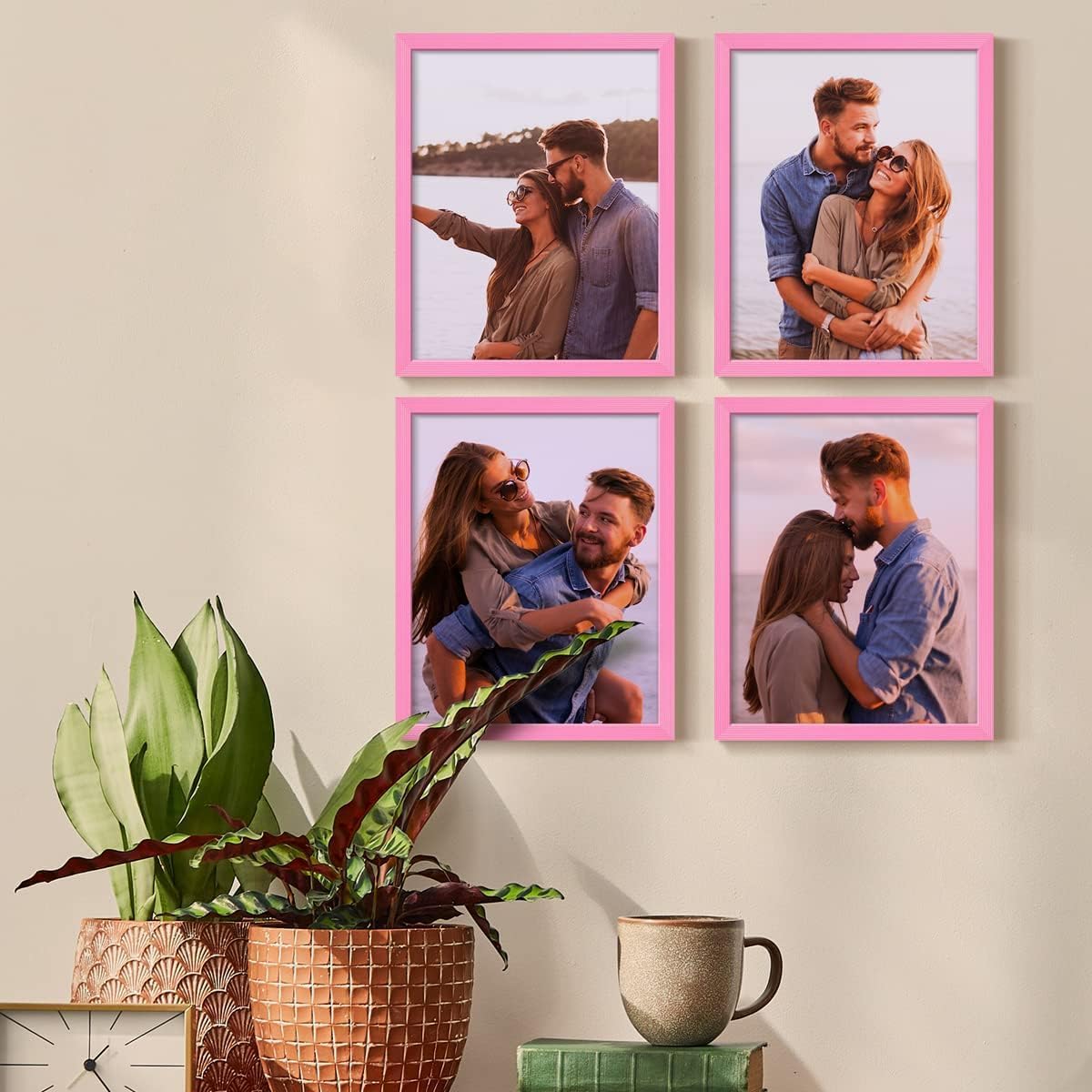 Renditions Gallery Set of 4, 11X14 Custom Photo Prints with Real Wood Picture Frames. Create Personalized Photos with Peel & Stick Photo Frames. Pink Frame