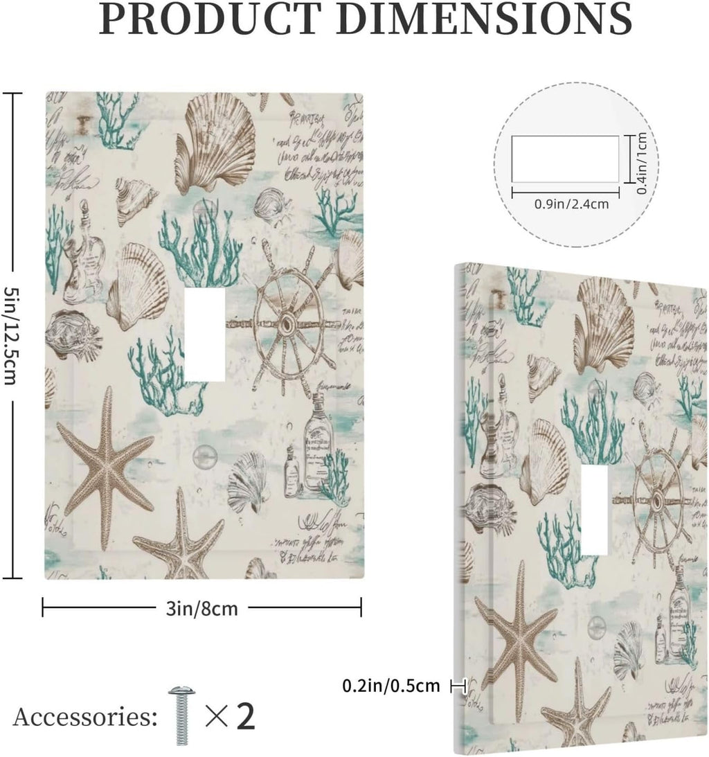Mid Century Seashells Starfish Compass Decorative Light Switch Cover 1 Gang Single Toggle Device Electrical Faceplate Switchplates Decorator Outlet Wall Plate For Nursery Kids Room Decor
