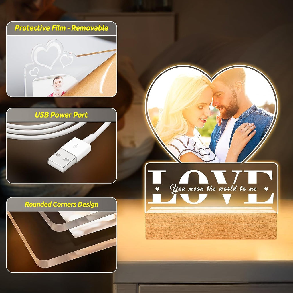 Personalized Picture Frame with Photo, Custom Photo Frame with Night Light, Customized Gifts for Girlfriend Boyfriend, Personalized Anniversary Valentines Day Gifts for Women Men Her Him Couple Wife