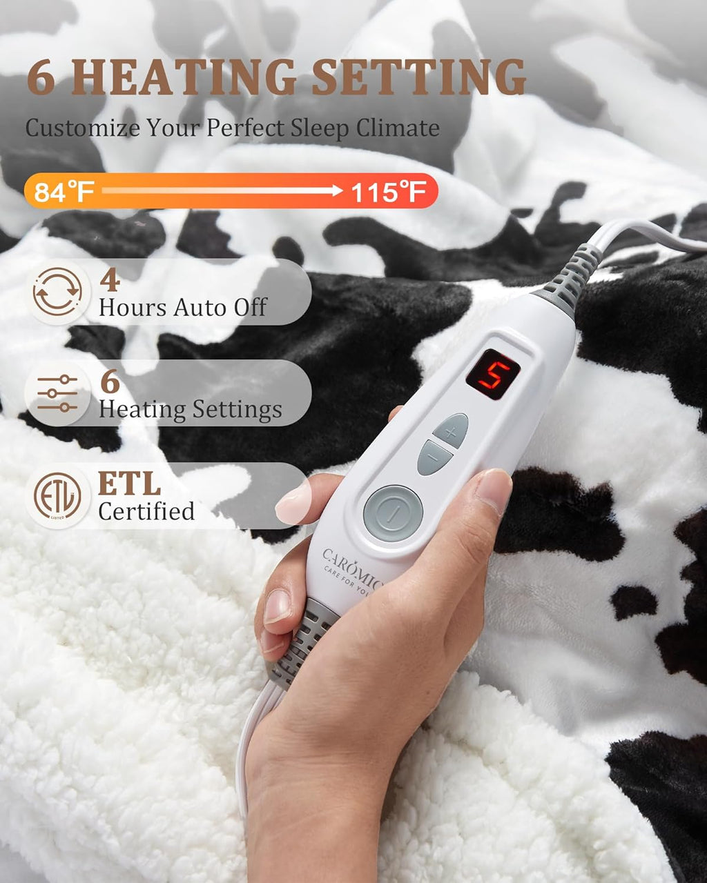 CAROMIO Heated Electric Blanket Throw, Cow Print Fast Heating Throw Blankets with LCD Controller, 6 Heat Levels & 4 Hour Auto Shut Off, ETL Certified, Machine Washable, Black White, 50" x 60"