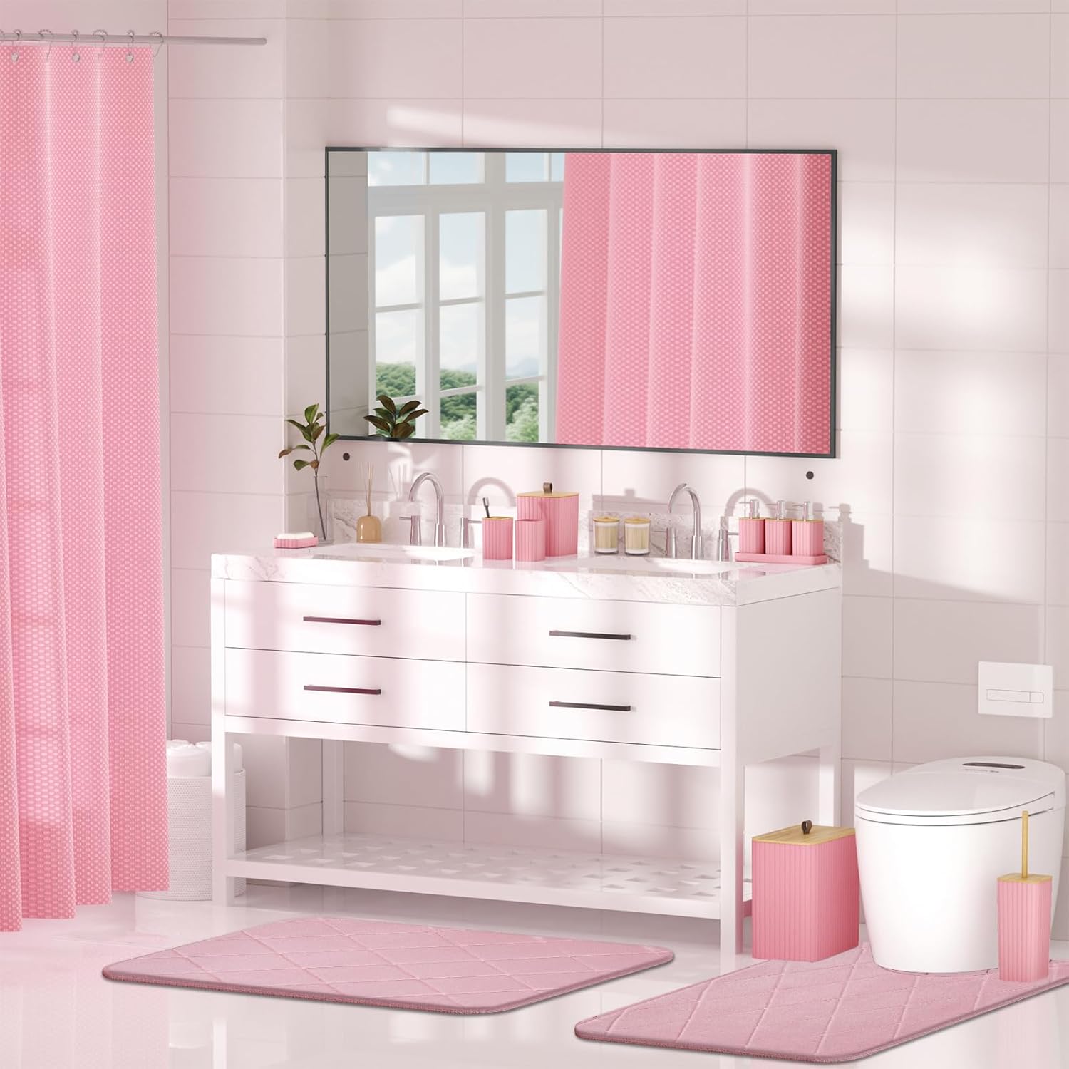 Bathroom Accessory Set - Pink Bathroom Set, 27PC Bathroom Accessories Set, Bathroom Sets with Shower Curtain and Rugs, Mini Trash Can, Toilet Brush, Trash Can & Soap Dispenser