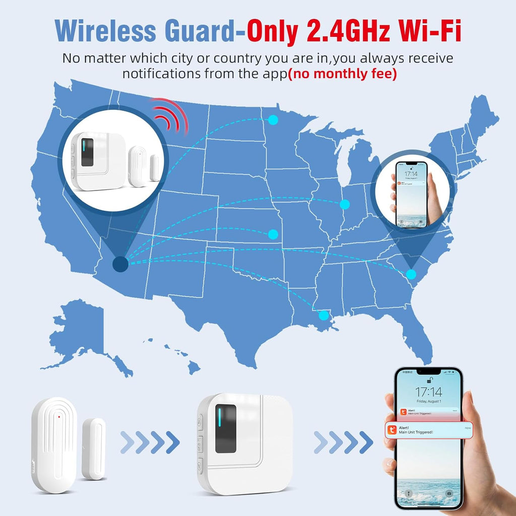 Door Chime,Sanjie WiFi Door Sensor Open Chime When Entering for Business/Home/Store/Office Alert Your Phone,Alarms for Kids Safety,500 FT Range,20 Ringtones,4 Sensors 1 Receiver