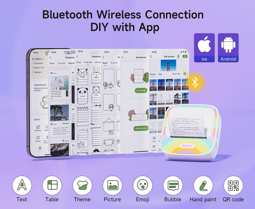 iDPRT Mini Printer with 1 Roll Sticker Paper, Portable Sticker Machine Efficiently and Quickly, DIY, Label, Rainbow