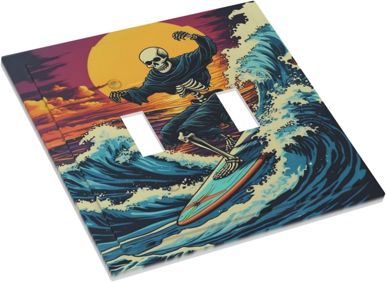 Skeleton Riding Surfboard on Wave In The Ocean Light Switch Covers Double Toggle 2 Gang Wall Plate Dual Decorative Switchplate Electrical Faceplate for Farmhouse Living Room Decor