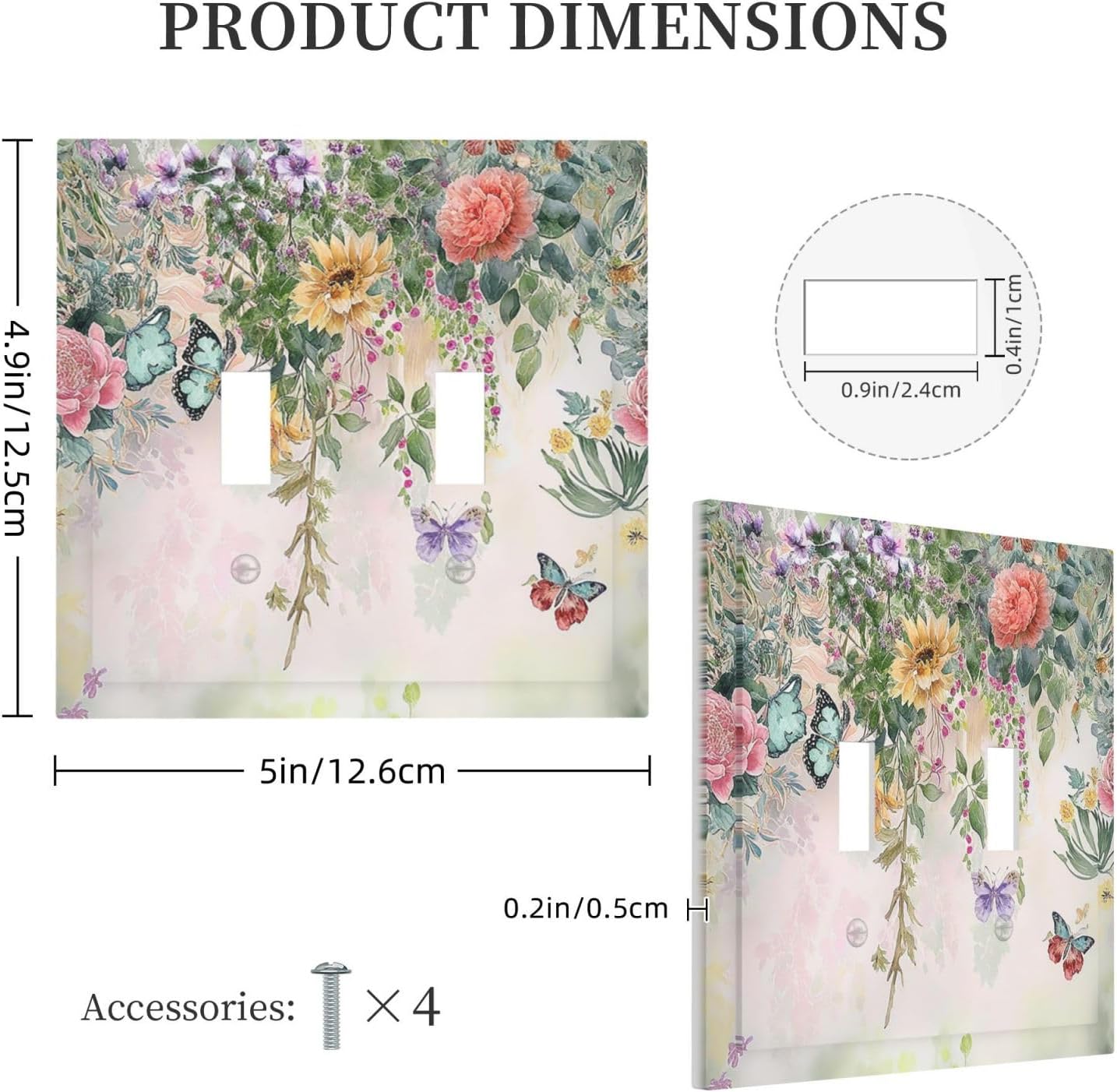 Rustic Floral Watercolor Flower Blossom Butterfly 2 Gang Double Toggle Light Switch Cover Decorative Switchplate Electrical Wall Plates Faceplate for Bathroom Bedroom Decor 4.9 X 5 IN