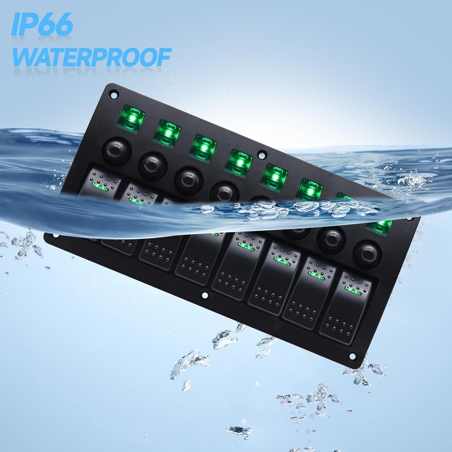 Geloo 8 Gang Marine Rocker Switch Panel, Boat Switch Panel Waterproof, Marine Switches Panel, 12V Aluminum Switch Panel for Car RV Truck Green LED Toggle Switches with Circuit Breaker (Green)