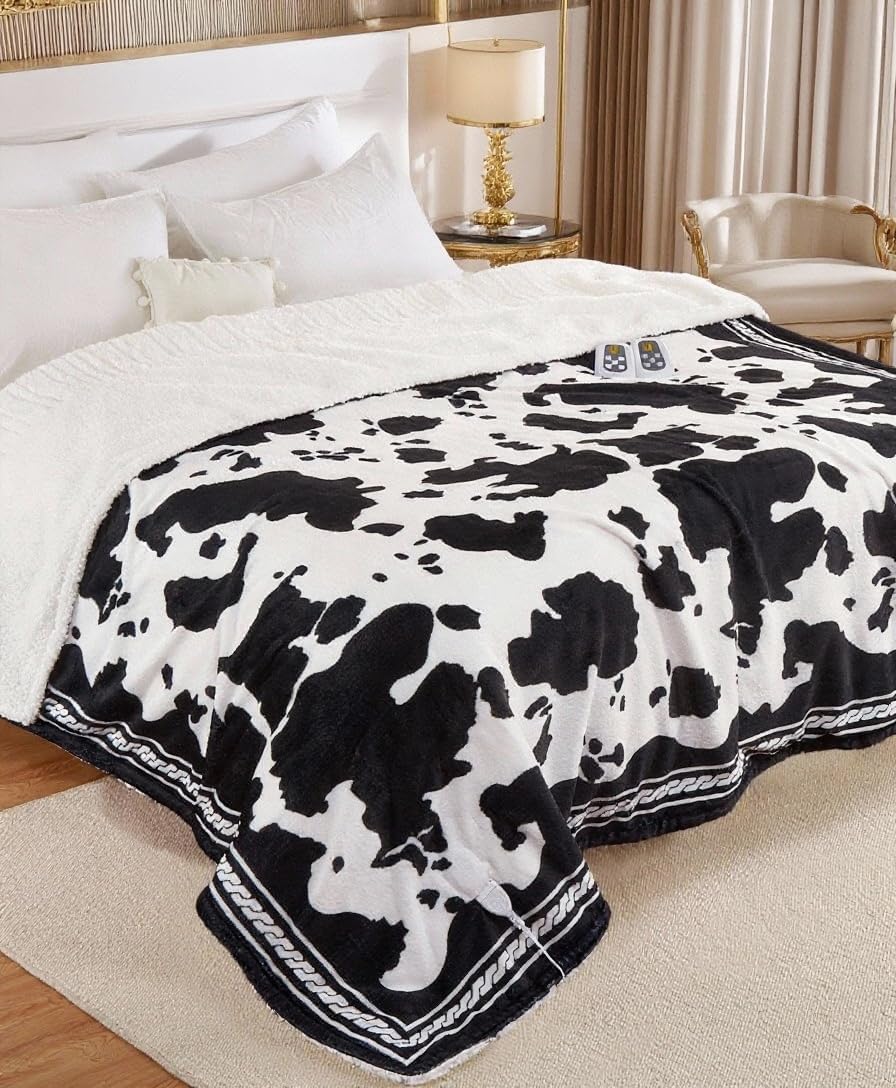 CAROMIO Heated Electric Blanket King Size with LCD Dual Controller, Cow Print Heating Blankets, 10 Heat Levels & 1-12H Time Settings, ETL Certified, Machine Washable, Black White, 100" x 90"