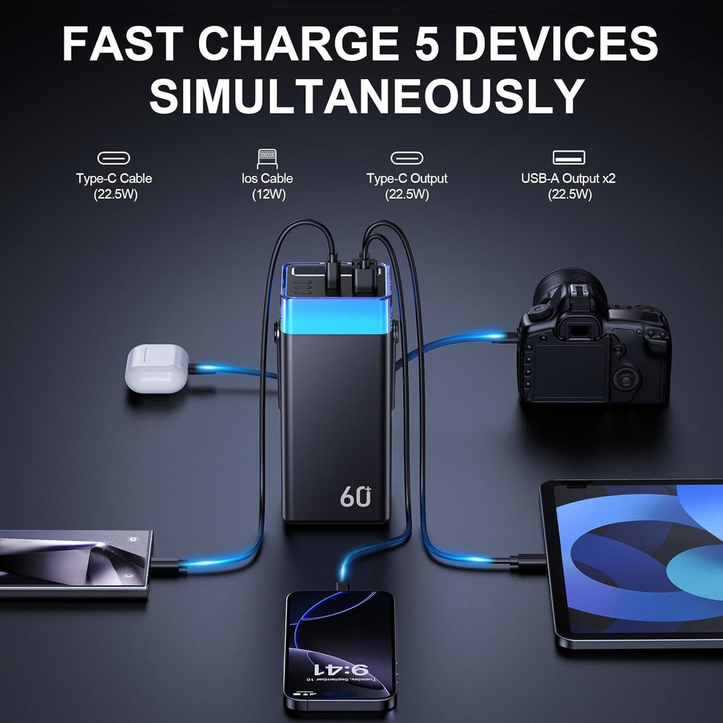 Power Bank 60000mAh 22.5W Fast-Charging Portable Charger with Built-in Cables Portable High Capacity Portable Phone Charger Power Bank for iPhone, Samsung, Galaxy, Camping Outdoor