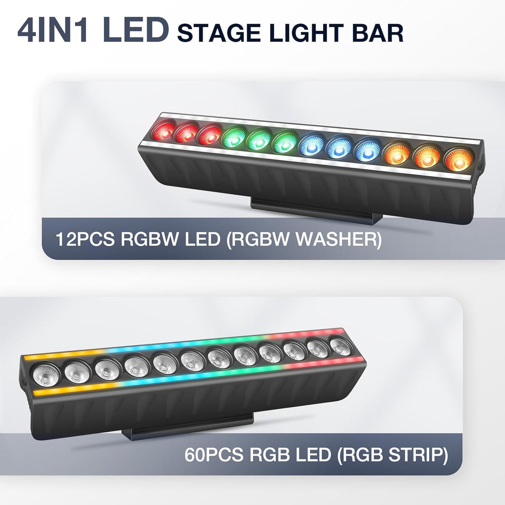 LED Stage Wash Light Bar: Dual-Row Pixel LED Strips Flanked with RGBW Beam - 60W 4IN1 RGBW Color Changing - DMX Control by DJ Party Planner - Uplights for Wedding Christmas Music Show Band - 2 Pack