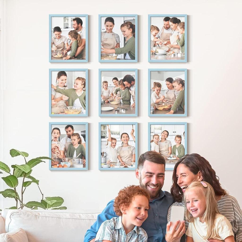 Renditions Gallery Set of 9, 8X10 Custom Photo Prints with Real Wood Picture Frames. Create Personalized Photos with Peel & Stick Photo Frames. Blue Frame