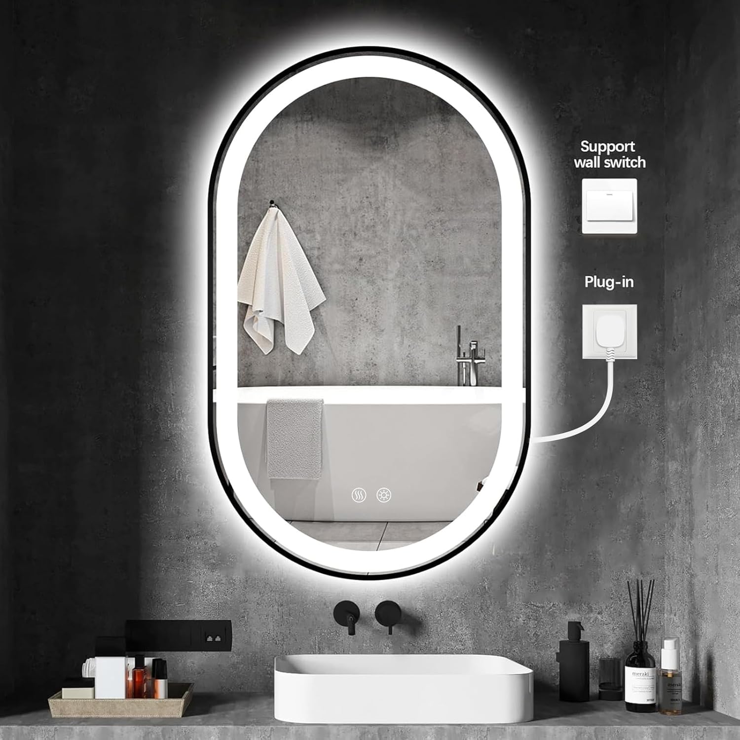 Niccy Oval LED Mirror for Bathroom, 40x24 Front Lit + Backlit Vanity Mirrors with Light Anti-Fog, Shatter-Proof, 3 Colors, Makeup Mirror with Black Frame (Horizontal/Vertical)