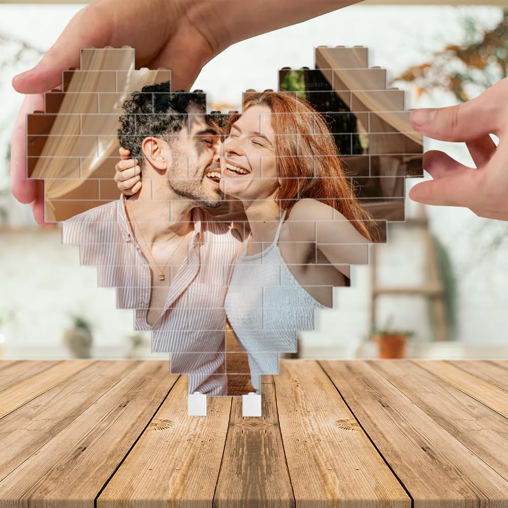 Custom Building Brick Photo Block – Personalized Picture Display with Name Couple Photo Block, Brick Portrait for Women, Men– Valentine’s Day, Birthday, Anniversary & Home Décor 2