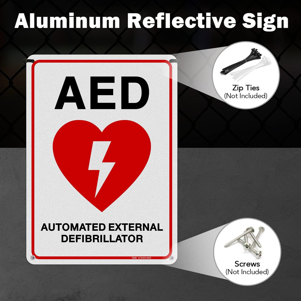 T&R AED Sign - 2 Pack - 10 x 7 Inches Rust Free .040 Aluminum -Reflective, UV Protected, Waterproof, Weatherproof and Fade Resistant - 4 Pre-drilled Holes
