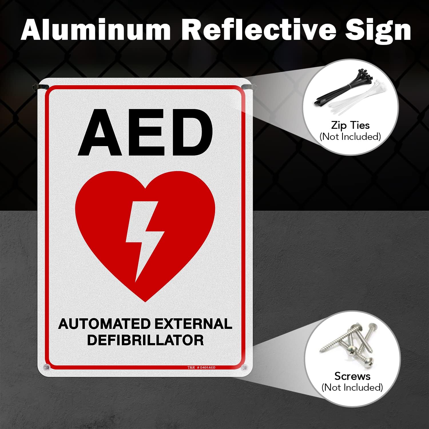 T&R AED Sign - 2 Pack - 10 x 7 Inches Rust Free .040 Aluminum -Reflective, UV Protected, Waterproof, Weatherproof and Fade Resistant - 4 Pre-drilled Holes
