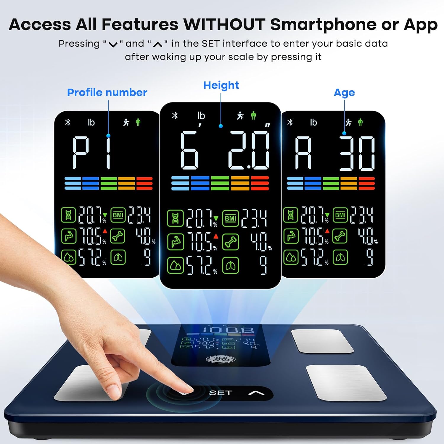 GE Smart Scale for Body Weight, BMI, Body Fat, Muscle Mass, Digital Bathroom Scales 500lbs for Bluetooth Weight Monitor 11.8" Large Platform Weighing Machine Health Analyzer Dark Blue-Button Function
