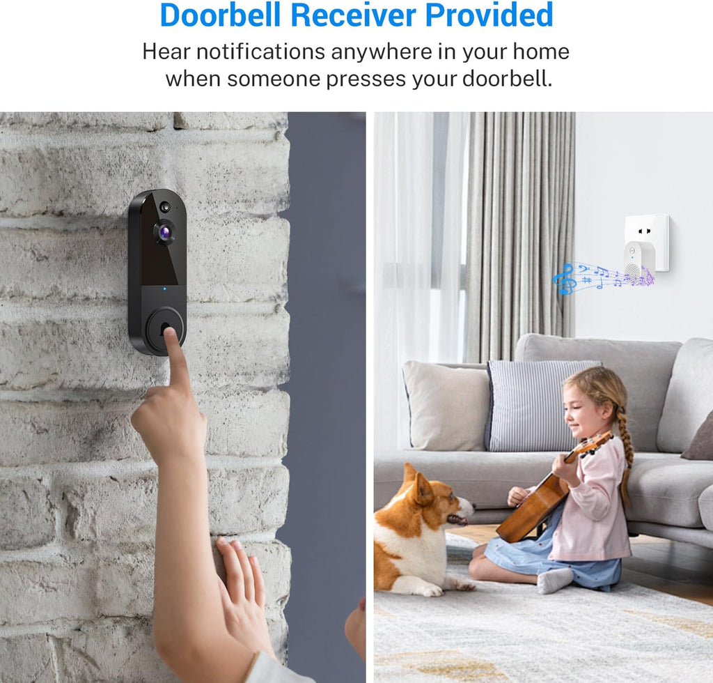 1080p Wireless Video Doorbell Camera with Indoor Receiver, AI Human Detection, 2-Way Audio, Night Vision, Cloud Storage, Real-Time Alerts, Smart Home Protection (Black)
