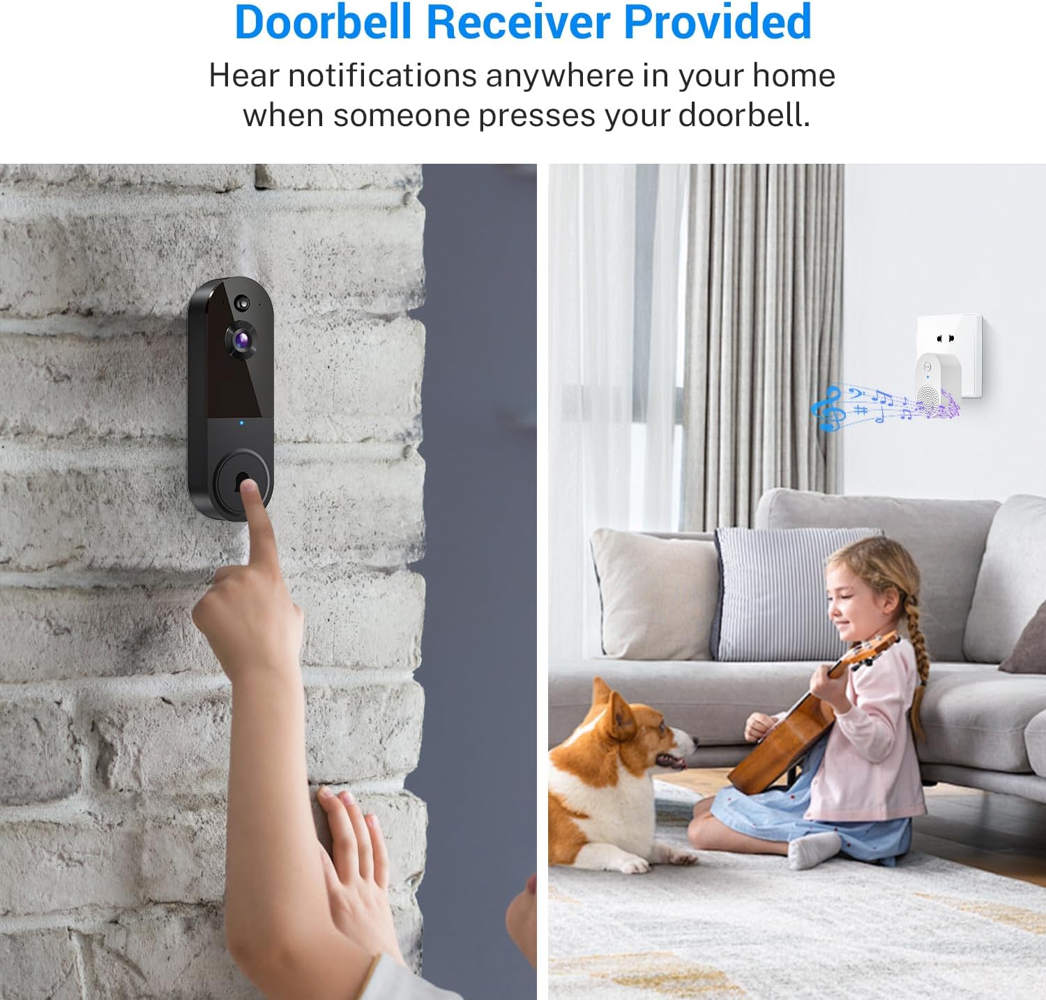 1080p Wireless Video Doorbell Camera with Indoor Receiver, AI Human Detection, 2-Way Audio, Night Vision, Cloud Storage, Real-Time Alerts, Smart Home Protection (Black)