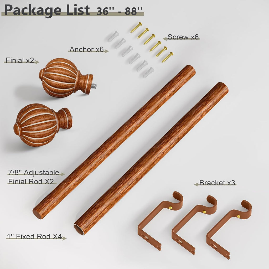 Imitation Wood Curtain Rods for Windows 48 to 84 Inch, 1 Inch Adjustable Heavy Duty Decorative Drapery Rods with Classic Finials, Dark Imitation Wood Window Curtain Pole, Size 36-88''