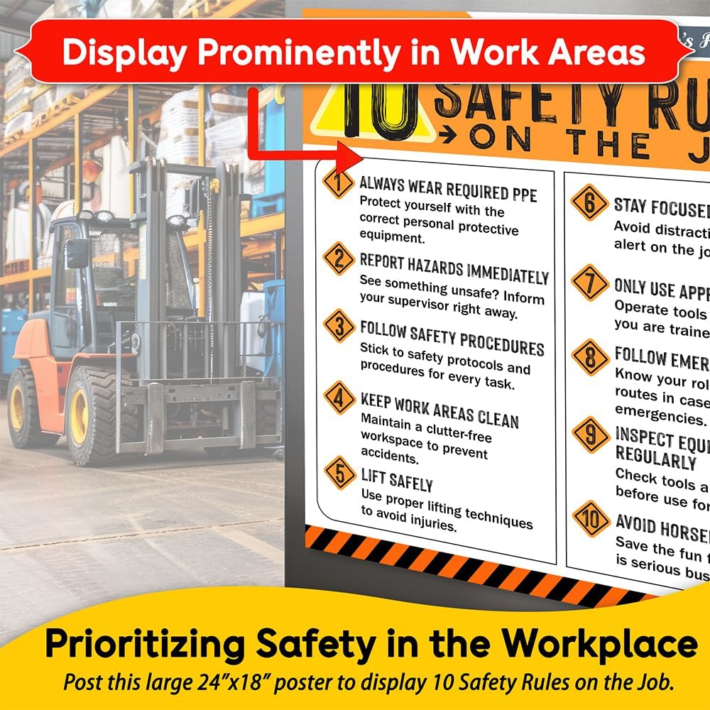 10 Safety Rules on the Job Poster – 18x24 Durable Laminated Safety Sign, Tear-Resistant, Waterproof Workplace Safety Poster for Industrial and Construction Settings (Pack of 2)