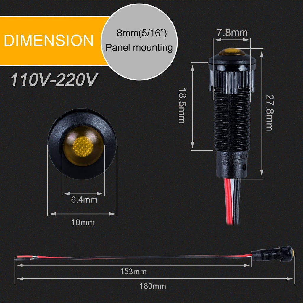 5pcs 8mm LED Indicator Light Plastic Black Signal Dot Lamp 110-220VAC 5/16" Mounting Hole Size with 15cm/5.9in. Wire (Yellow LED)