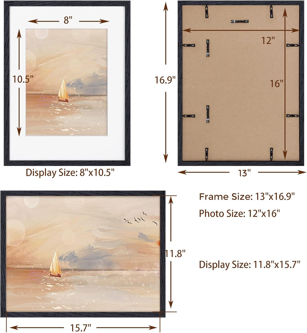 Black Picture Frame 12x16, Oak Wood 12"x16" Photo Frame for Wall, 12x16 Frame with Mat for 8.5x11, 12 x 16 Poster Frames - Tempered Glass (Black, 1 Pack)