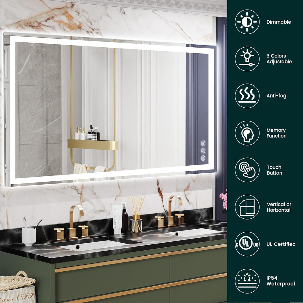 LED Mirror for Bathroom 36"x 72" with Frontlit and Backlit, Anti-Fog Mirror with Lights, Stepless 3 Colors Temperature & Dimmable Bathroom Mirror