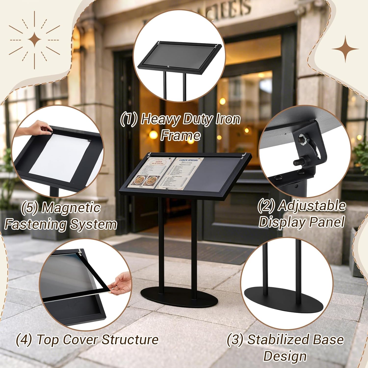 Metal Enclosed Bulletin Menu Board, 3 x (8.5 x 11) Inches Freestanding Menu Stand Menus Holder Floor Standing, Pedestal Advertising Display with Cover, 14 Magnetic Clasp Included, Black