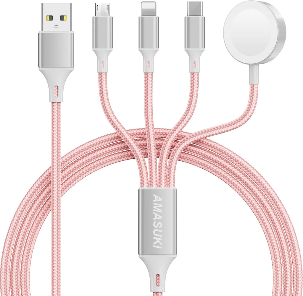 Travel Essentials,4 in 1 for Apple Watch Charger/iPhone Charger/Multi Charging Cable,Vacation RV Camping Essentials,USB C/L/Micro Portable Charger for iWatch 11-1/iPhone 17-12,Car&Gift-Pink