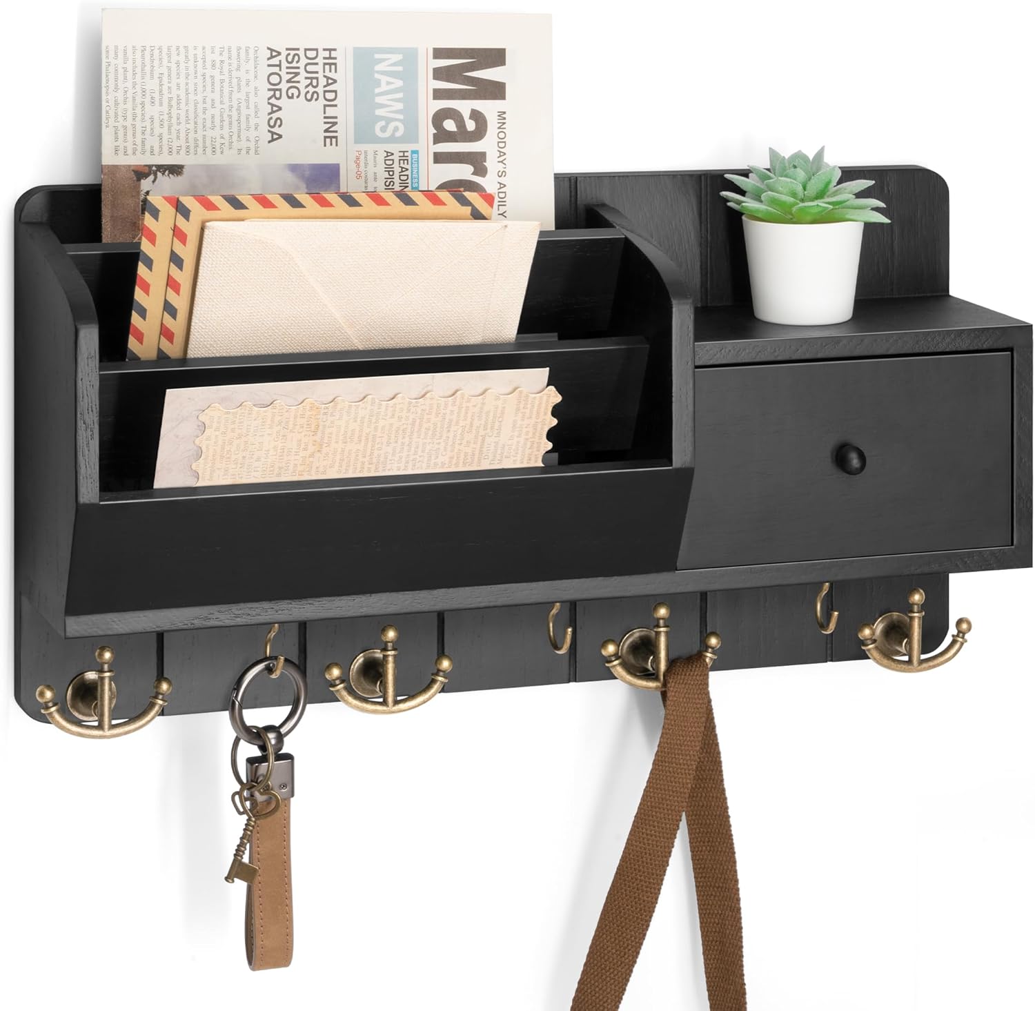 Rebee Vision Key Holder Wall Mount with Mail Sorter - Decorative Mail Organizer for Wall with Key Hooks and Drawer Organizer - Modern Home Essentials for Room Decor (Black)