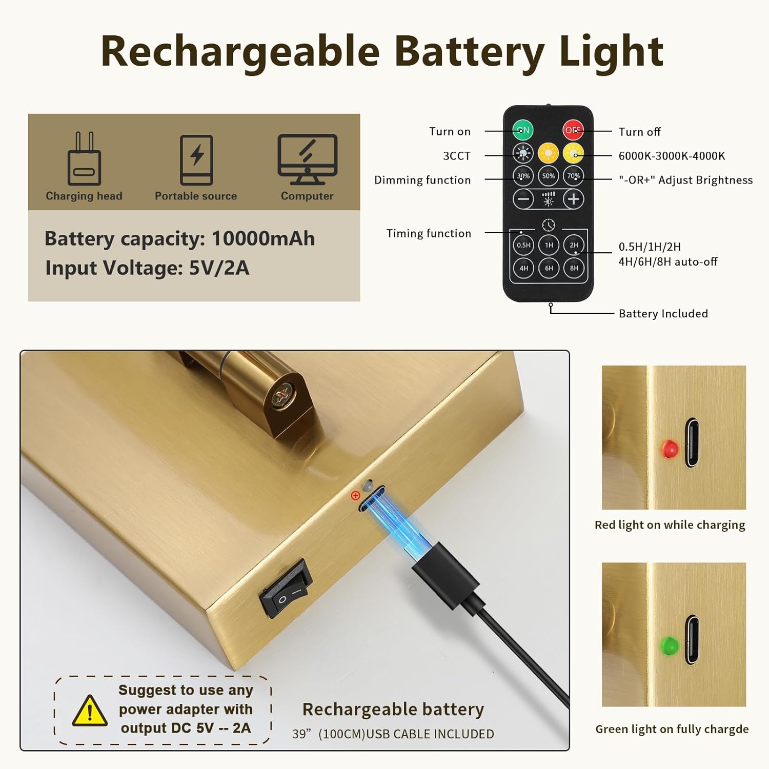 Joosenhouse Battery Operated Picture Lights for Wall Rechargeable Art Lighting for Paintings Wireless Gallery Lights with Remote Control and Dimmable Timed Off Brass Wall Lights 24.4 inch