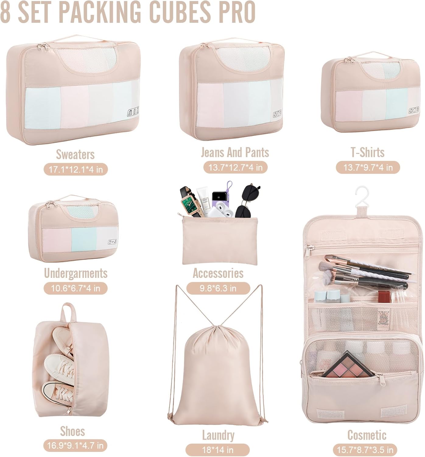 Veken 8 Set Packing Cubes, Gifts for Women Mom Her, Personalized Cruise Ship Travel Essentials Accessories for Beach Vacation, Suitcase Organizer Bags for Luggage with Hanging Toiletry Bag