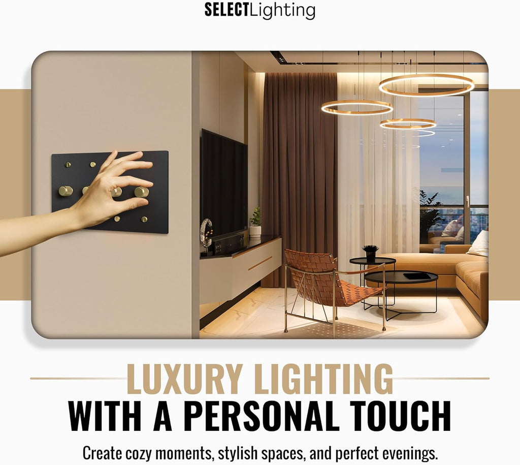 SELECT Black Brass Dimmer Light Switch, 1 Way Rotary Dimmer, 4 Gang TRIAC/Leading Edge Dimmable LED Light Switch, 15A 120V AC with Brass Knob, Faceplate & Dimming Module, UL Listed