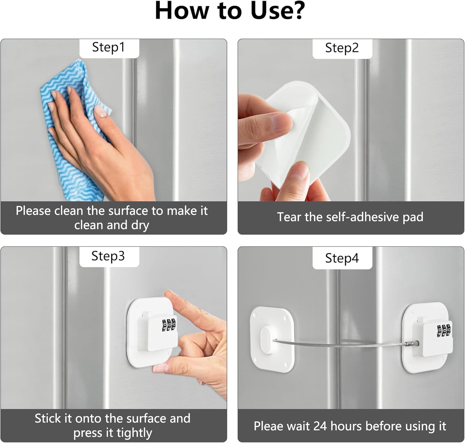 Refrigerator Lock, Heavy Duty Fridge Lock, Combination Lock for Refrigerator Cabinets, Drawers, Safety Lock, Easy Install No Keys Needed (White-4Pack)
