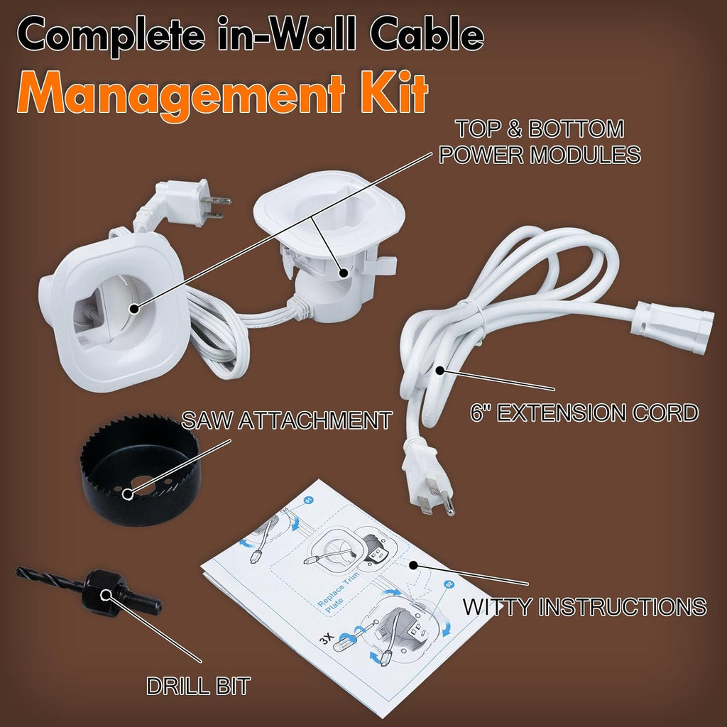 In Wall Cable Management Kit,TV Cord Hider for Wall Mounted TV& Soundbar,TV Cable Hider Wall Kit with Hole Saw Drill,Power and Low Voltage Wire Management Easy install,TV Cable Hider for a Clean House