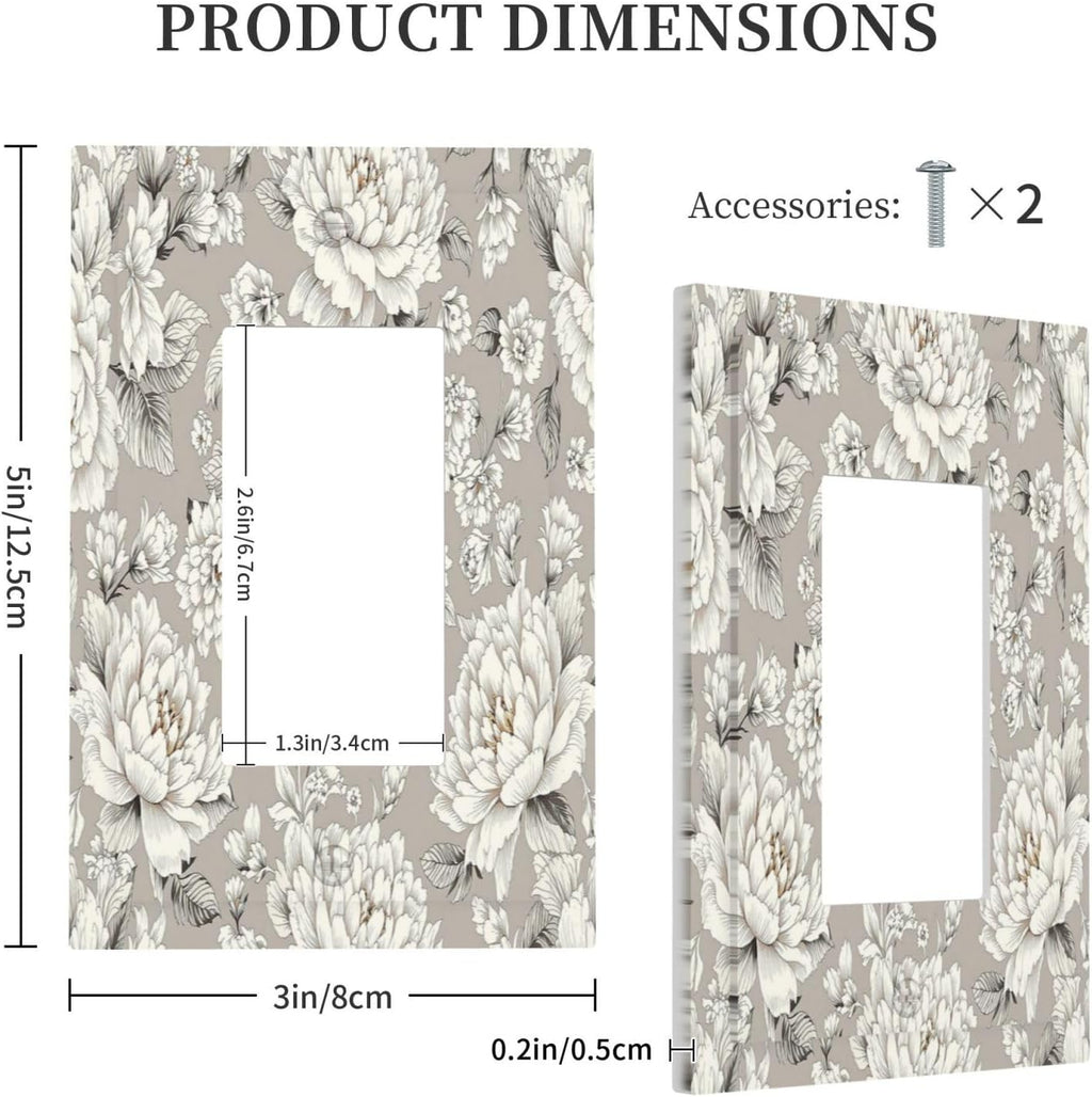 White Poppies Floral Modern Grey Peonies Flowers Decorative Outlet Covers 1 Gang Single Rocker Light Switch Cover Plate Wall Plates GFCI Faceplate for Bedroom Bathroom Decor