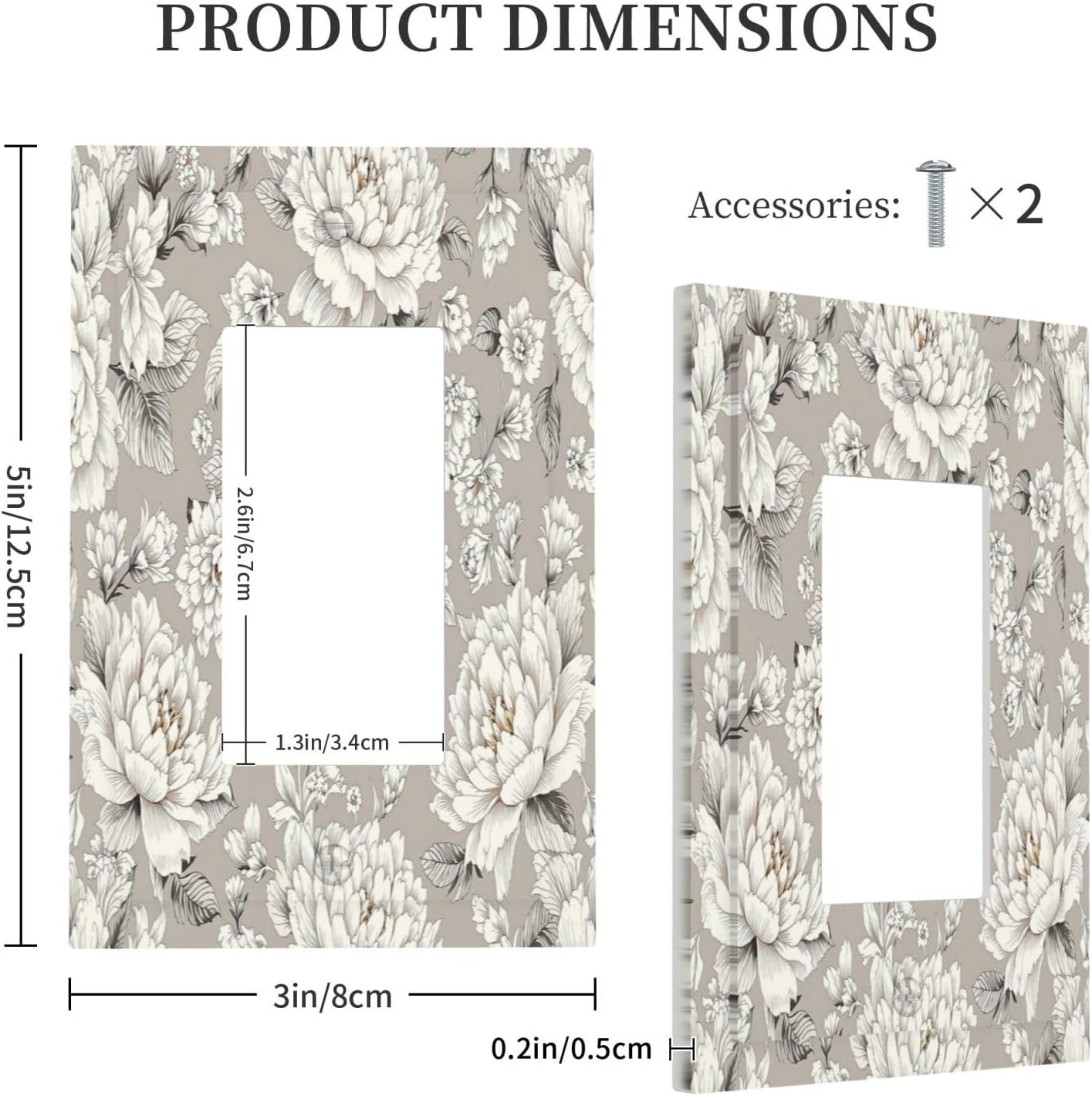 White Poppies Floral Modern Grey Peonies Flowers Decorative Outlet Covers 1 Gang Single Rocker Light Switch Cover Plate Wall Plates GFCI Faceplate for Bedroom Bathroom Decor