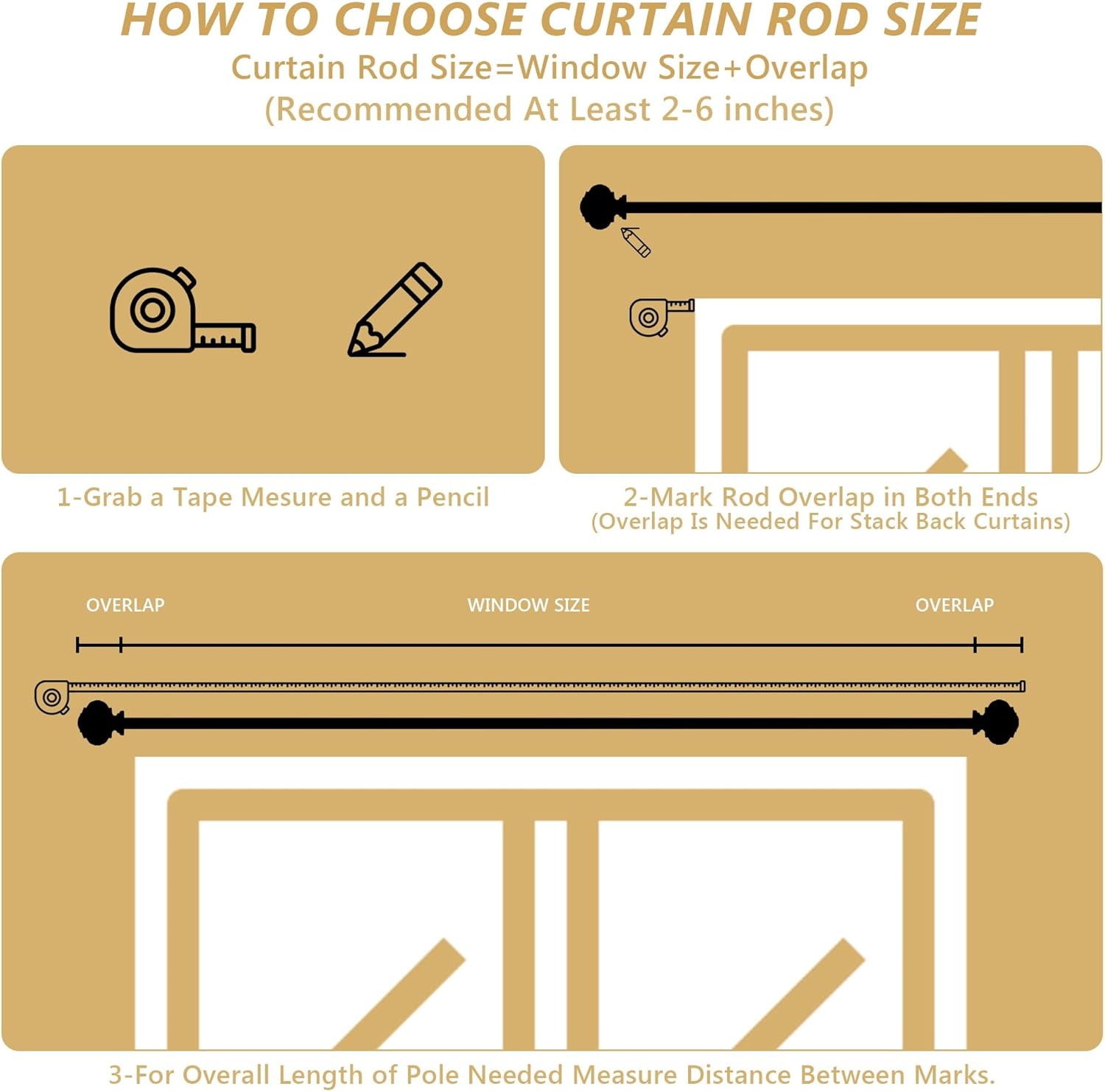 Gold Curtain Rods for Windows 66 to 120 Inches 1 Inch Adjustable Heavy Duty Curtain Rods with Lantern Ball Finials,Window Treatment Single Curtain Rod Set