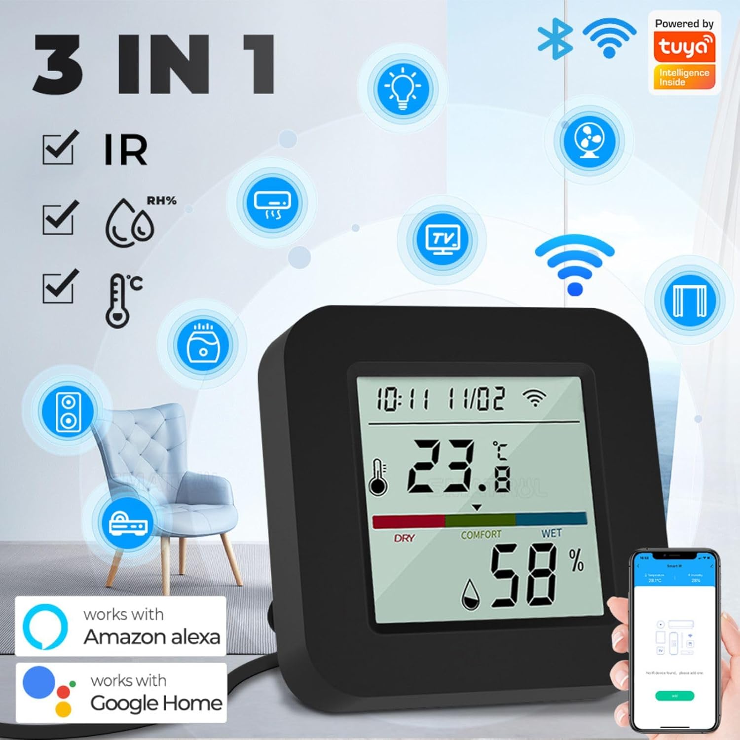 WiFi Smart IR Remote Control, 3-in-1 Smart AC Controller with Temperature Humidity Sensor n Display, Intelligent Control of T&H for Home Greenhouse Pet Garage, Compatible with Alexa (C1)
