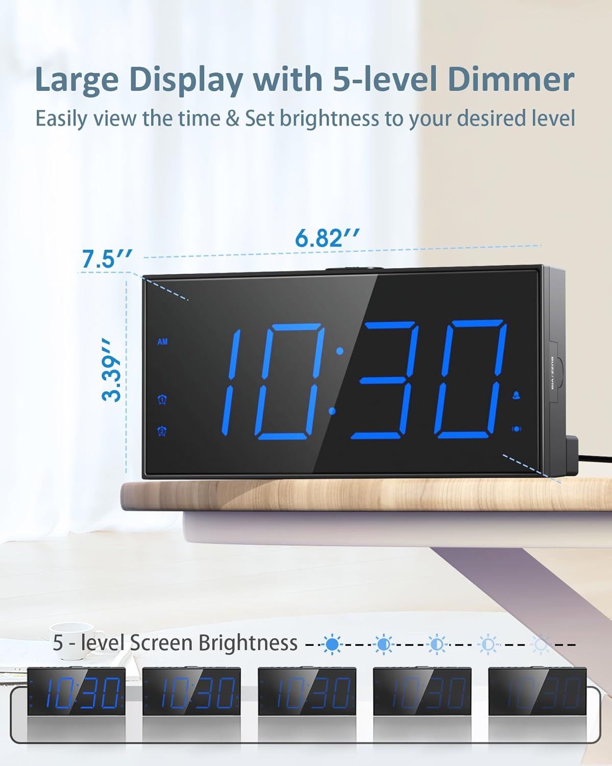 Roxicosly Loud Alarm Clock with Bed Shaker, Vibrating Alarm Clock for Heavy Sleepers/Hard of Hearing/Deaf/Teens, Dual Alarms with 7.5’’ Large LED Display, USB Charger, Dimmer, Snooze & Battery Backup