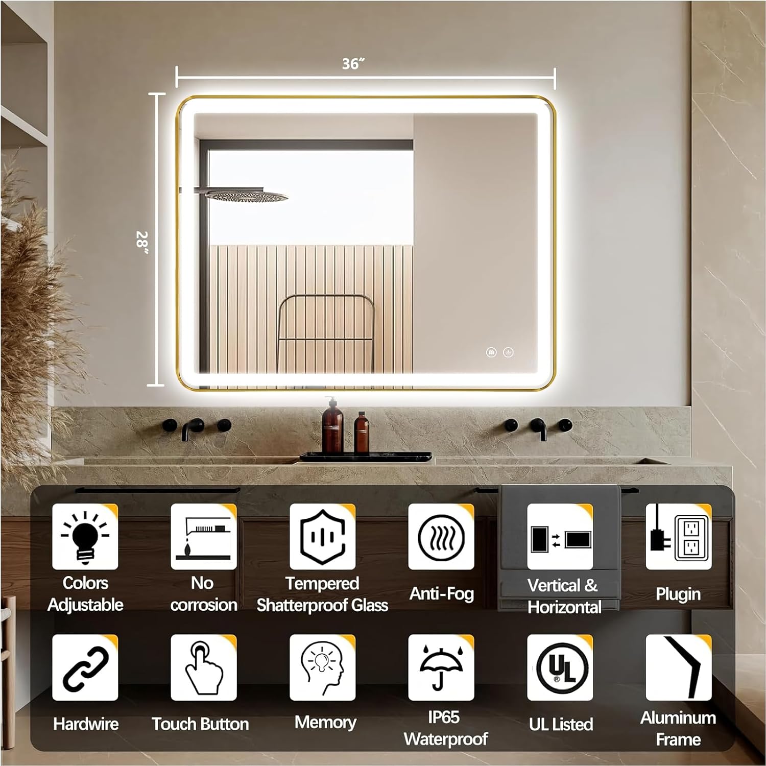 Rectangle LED Bathroom Mirror, 36"x28" Anti-Fog Double Touch Lighted Wall Vanity Mirror 45° Beveled Metal Frame Stepless Adjustable Color Temperature Smart Mirror 3000K-6000K, Gold