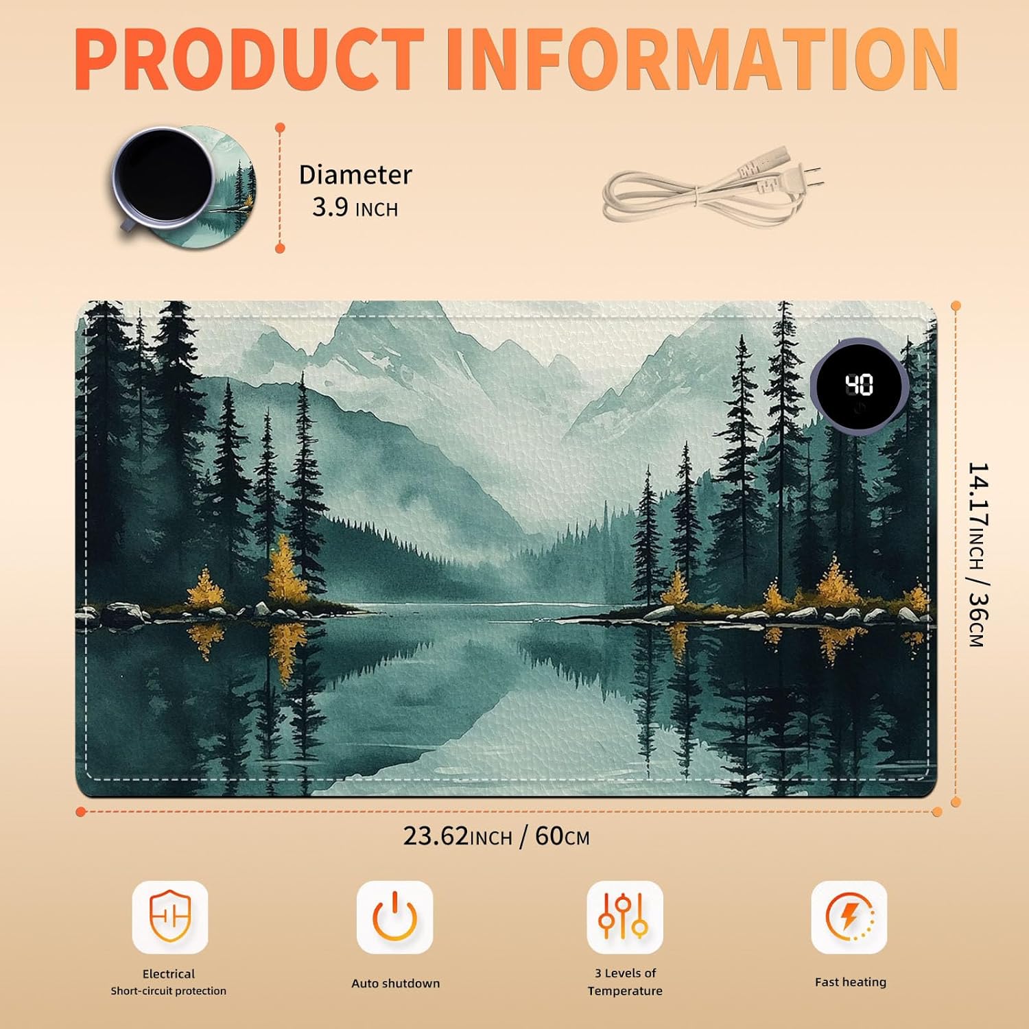 Heated Mouse Pad 23.6 x 14 in 3-Temp Fast Heating Desk Mat with Auto Timer Warmer for Hands Wrist Pain Relief Waterproof Keyboard Mat for Office, Gaming, Home, Forest Reflections
